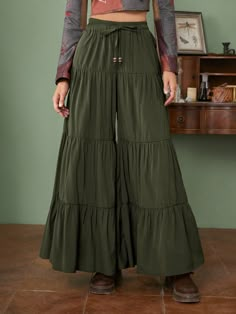 Solid Ruffle Hem Wide Leg Pants Army Green Casual   Woven Fabric Plain Wide Leg Non-Stretch  Women Clothing, size features are:Bust: ,Length: ,Sleeve Length: Boho Earthy Style, Romwe Fairycore, Goth Bohemian, Genshin Oc, Hippie Grunge, Moda Hippie, Drawstring Waist Pants, Boho Clothes, Cottagecore Outfits