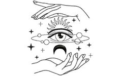 two hands reaching for an eye with stars on it and the other hand holding something