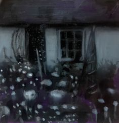 an abstract painting of flowers in front of a house with purple and black paint on it