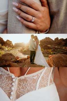 two photos of a bride and groom in the desert