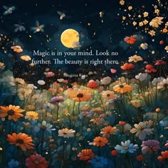 a field full of flowers and butterflies with a quote about magic in your mind look no further the beauty is right there