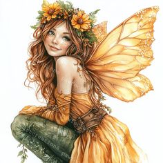 a drawing of a fairy with flowers on her head and wings, sitting on the ground