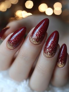 Red New Year Nails, Red And Gold New Years Nails, Nails Christmas And New Years, Red And Gold Manicure, Burgundy Christmas Nail Ideas, Christmas Nails Red Sparkle, Christmas 2024 Nails, Red Festive Nails, Red New Years Nails