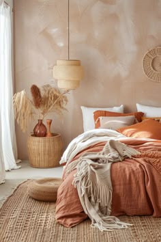 a bed with an orange comforter in a bedroom next to a window and rug