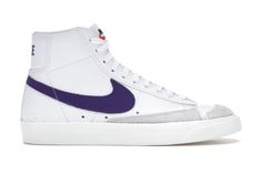 Nike Blazer Mid 77 White Voltage Purple (W) - CZ1055-105 Nike Blazer Women, Nike Blazer Mid 77 Women, Nike Blazer Mid 77 White, Blazer Shoes, Nike Shoes Women Fashion, Purple Blazers, Nike Blazers, Purple Blazer, Nike High Tops