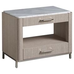 an end table with two drawers on one side and a marble top in the middle