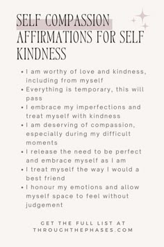 a poster with the words self comparison affirmations for self kindness