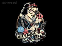 a woman holding a skull and wearing glasses with the words fear the finest on it