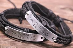 "Coordinates Bracelet, Latitude Longitude Bracelet, GPS Coordinates, His and Her Bracelets, Boyfriend Gift, Special Location, Graduation Gift The men's leather bracelet and bangle bracelet are all adjustable for well for your wrist size. Leather men's bracelet fit for wrist size 6~10 inches. Size of the engraved metal plate: 2/5 inches width 2 inches length. What can i customize it for you? This bracelet is adjustable fit for all wrist size. so no need your wrist size when you place the order 1. Any words: such as \" I love you\", Now & Forever\", and sure with quote and name... 2. Any symbol: such as <3, infinity, moon, sun, stars, flower, bird... 3. Any numbers: such as Coordinates, Important Date, Roman numeral... How to customize your own bracelet? Write you demands in the personalized Bracelet Couples, Men's Leather Bracelet, Promise Bracelet, Coordinates Bracelet, Latitude Longitude, Engraved Metal, Gps Coordinates, Personalized Bracelet, Pinky Promise