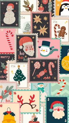 christmas postcards with santa claus, snowman and other holiday related items on them