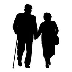 an old couple walking down the street with their canes in hand, silhouetted against a white background