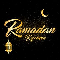 rama kareem greeting card with golden lantern and crescent on black background illustration for muslim festival