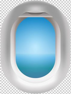 an airplane window with blue sky and water in the background, as seen from inside