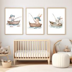 three pictures of children's room with animals in boats and on the water, one is fishing