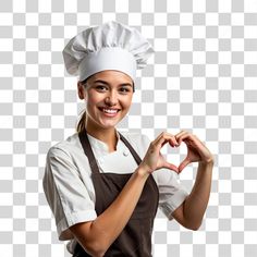 a woman in an apron making a heart shape with her hands