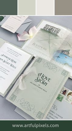 the wedding stationery is laid out on top of each other