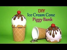 ice cream cone piggy bank on green background with words diy ice cream cone piggy bank