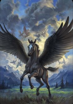 a painting of a horse with its wings spread out in front of mountains and clouds