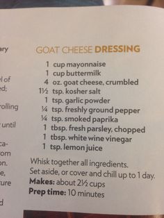 a recipe for goat cheese dressing is shown here