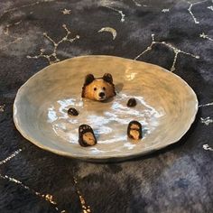 there is a bear in the bowl with water on it