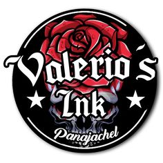 a black and red sticker with a rose in the center that says puerto ink