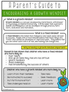 the parent's guide to encouraging a growth mindset with text and pictures on it