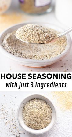 two bowls filled with seasoning next to each other on top of a white table