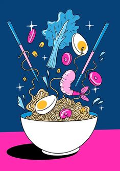 an illustration of noodles with fried eggs and chopsticks in a white bowl on a pink background