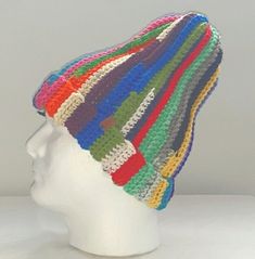 Beanie cap multicolored striped ribbed regular size beanie cap. Measures 13" top to bottom unfolded brim. This is a Little Woo creation.  Each hat is a unique one of a kind color pattern. The hat in the photos is the hat you will receive. #201 Adjustable Striped Winter Hat, Striped Beanie Hat One Size, Striped Beanie Hat, One Size Fits Most, Striped Winter Hats One Size Fits Most, Winter Striped Hats One Size Fits Most, Multicolor Casual Hat One Size Fits Most, Casual Rainbow Hat, One Size Fits Most, Casual Rainbow Hat One Size, Casual Rainbow Hat One Size Fits Most