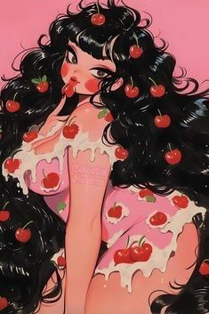 a painting of a woman with cherries on her hair sitting in front of a pink background