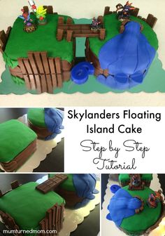 a cake made to look like a small island with people on it and the words skylanders floating island cake