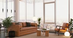 a living room filled with furniture next to tall windows and floor to ceiling glass walls