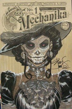 a drawing of a woman wearing a hat and dress with skulls on her face, in front of a sign that says no 1 mechanika