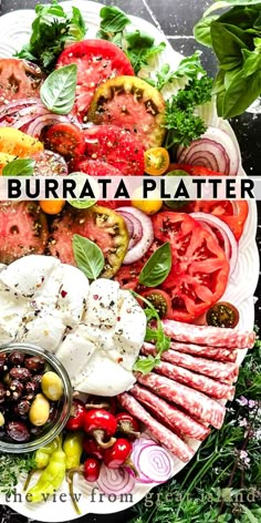 a plate filled with lots of different types of food on top of a table next to vegetables