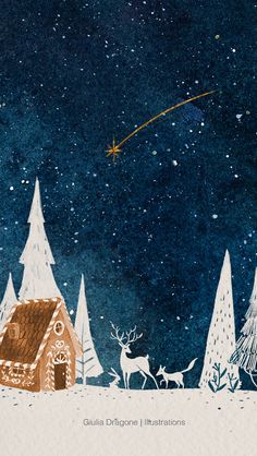 an illustration of a house in the snow with trees and reindeers under a star filled sky