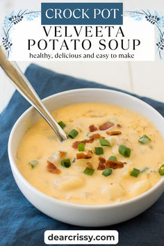 Crock Pot Velveeta Potato Soup is packed with the comforting flavors of Yukon Gold potatoes, savory garlic, and rich cheese. Perfect for chilly evenings, this easy-to-make potato soup combines hearty ingredients for a deliciously satisfying meal. Top with crispy bacon and fresh green onions for a delightful finish. Simple, creamy, and utterly delicious! Potato Soup Crock Pot Using Frozen Potatoes, Potato Velveeta Soup, Thick Potato Soup Crockpot, Potato Soup Recipe With Velveeta Cheese, Yellow Potato Soup, Cheesy Potato Soup Velveeta, Gluten Free Cheesy Potato Soup, Slow Cooker Potato Soup With Hashbrowns, Slow Cooker Cheesy Potato Soup