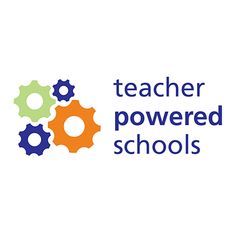 the teacher powered schools logo with gears on it's center and words in different colors