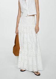 Broderie anglaise cotton skirt - Woman | MANGO USA White Eyelet Skirt, White Skirt Outfits, Eyelet Skirt, Coat Women Fashion, Skirt Trends, Sheer Skirt, White Eyelet, Cotton Skirt, Embroidered Design