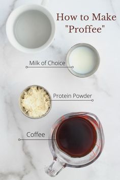 ingredients to make coffee on a white marble counter top with the words how to make coffee