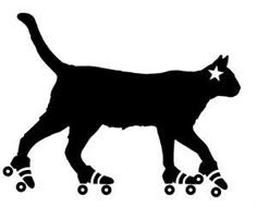 a black and white image of a cat on roller skates with stars in its eyes