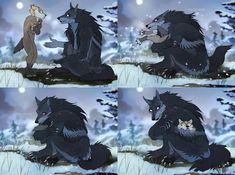 four different pictures of the same animal sitting in front of each other on snow covered ground