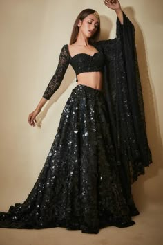 Set Women, Sweetheart Neck, Sheer Sleeves, Black Sequins, Set For Women, Real People, Lehenga, Hand Embroidered, Disney Characters