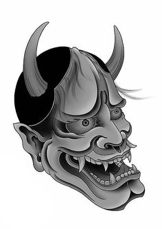 a black and white drawing of a demon mask with horns on it's head