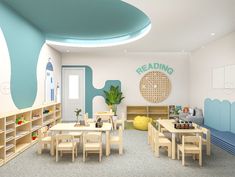 a children's playroom with tables, chairs and bookshelves on the walls