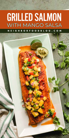 Add this sweet and spicy 4th of July food to your summer grilling menu! This recipe for mango salsa for fish will not disappoint you. Save this recipe and enjoy a smokey grilled salmon mango salsa with your family! Foil Packet Salmon, Salmon Mango Salsa, Mango Salsa For Fish, Salmon With Mango Salsa, Salmon With Mango, Mango Salsa Salmon, Mango Salsa Recipes, Foil Packet Meals