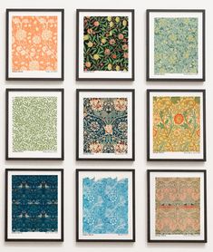 nine framed art prints in various colors and patterns, each with different designs on them