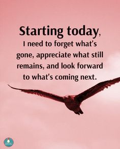 a bird flying in the sky with a quote on it saying starting today i need to forget what's gone, appreciate what still remains, and look forward to what's coming next