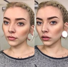 a woman with large hoop earrings and nose piercings is shown before and after her make - up