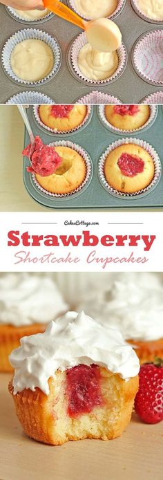 These strawberry shortcake cupcakes are fluffy, moist and very-vanilla with pockets of strawberry jam inside each bite Strawberry Shortcake Cupcakes, Shortcake Cupcakes, Cupcakes Lemon, Cupcakes Fruit, Cupcakes Strawberry, Strawberry Shortcake Cupcake, Strawberry Cupcake, Savory Cakes, Art Fruit