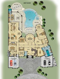 an aerial view of the floor plan for a house with swimming pool and hot tub